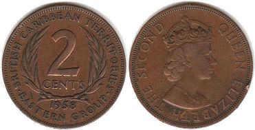 moneda British Caribbean Territories 2 cents 1958 moneda British Caribbean Territories 2 cents 1958
