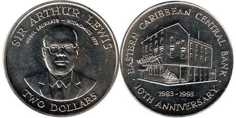 moneda Eastern Caribbean States 2 dólares 1993 moneda Eastern Caribbean States 2 dólares 1993